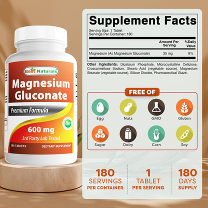 Best Naturals Magnesium Gluconate - 35 mg Mg from 600 mg Gluconate - 180 Tablets (Pack of 2)