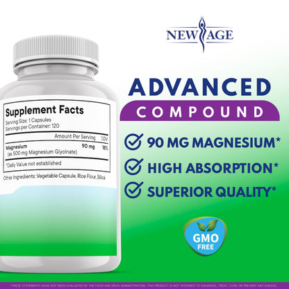 Magnesium Glycinate 500mg | 90mg Elemental Magnesium per Capsule | Muscle & Bone Health | 120 Vegan Capsules