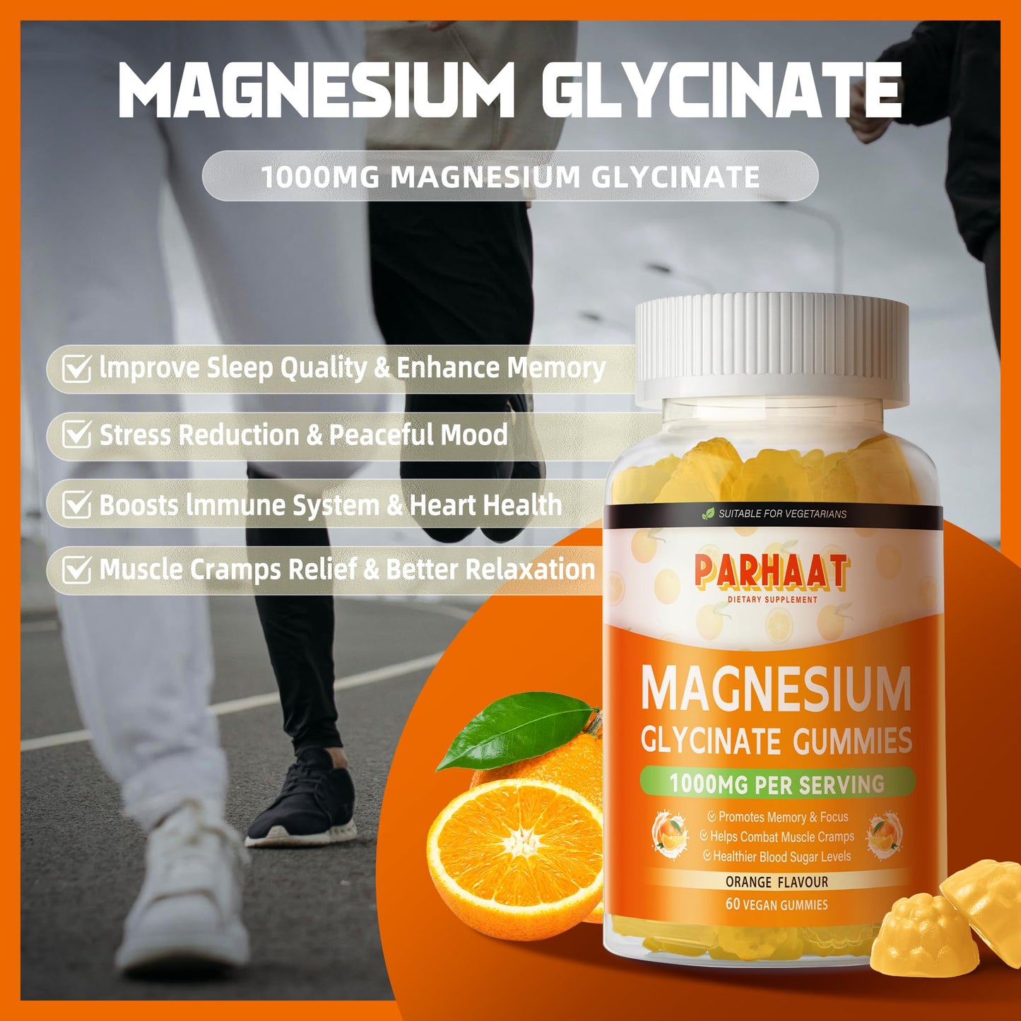 Magnesium Glycinate Gummies 1000mg | Sugar Free Magnesium Potassium with Vitamin D, B6, CoQ10 - 60 Orange Gummies