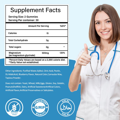 Magnesium Glycinate Gummies – Sugar-Free, Vegan Blueberry (2 Bottles) for Sleep, Stress & Muscle Support