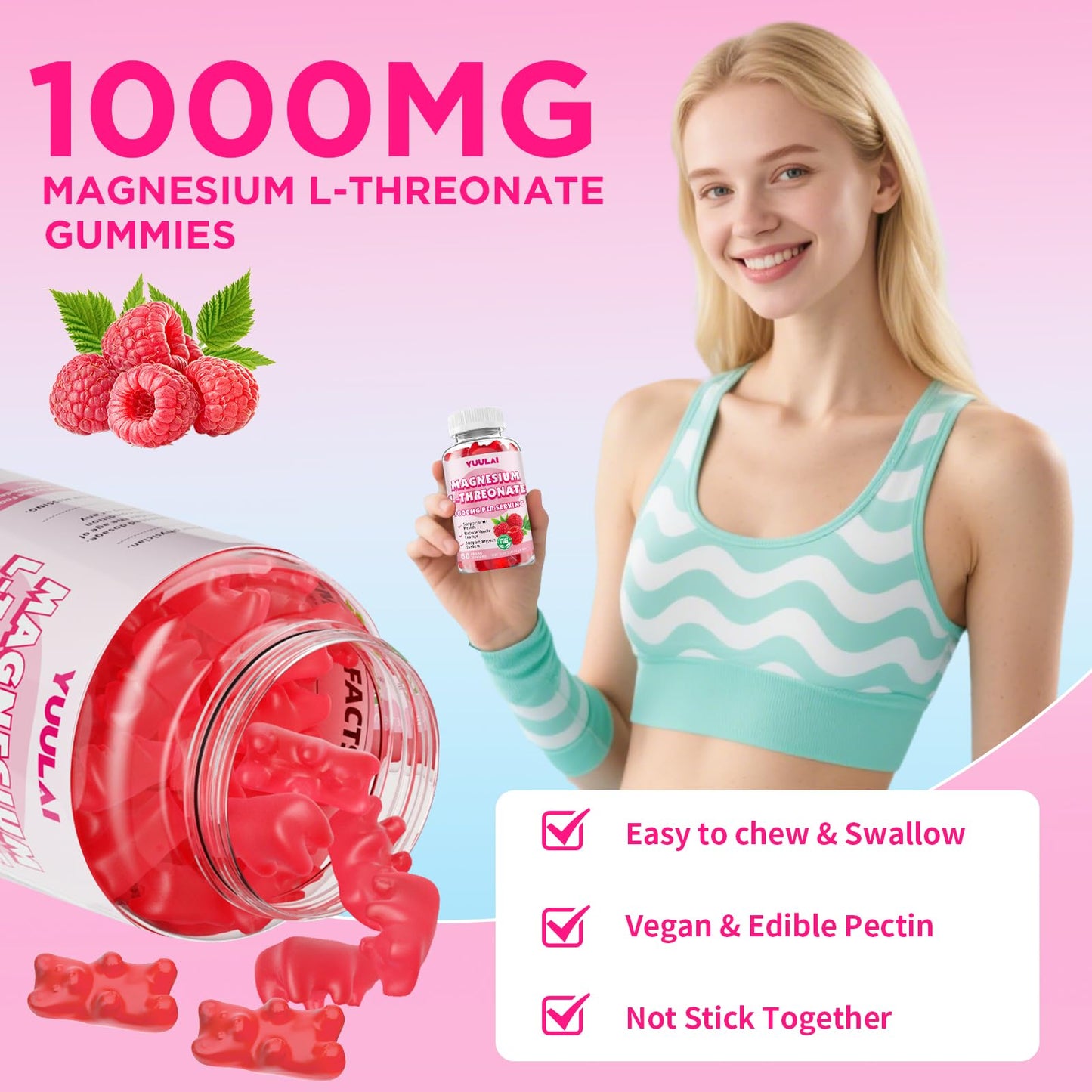 Pack of 2 Magnesium L-Threonate Gummies - Sugar-Free 1000MG Raspberry, 60 Count