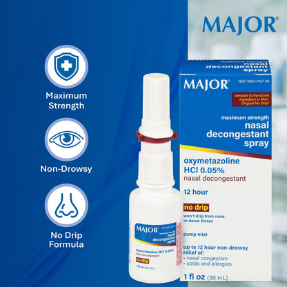 MAJOR Maximum Strength Nasal Decongestant Spray | Oxymetazoline HCl 0.05% Pump Mist, Non-Drowsy, Up to 12-Hour Relief (3-Pack)