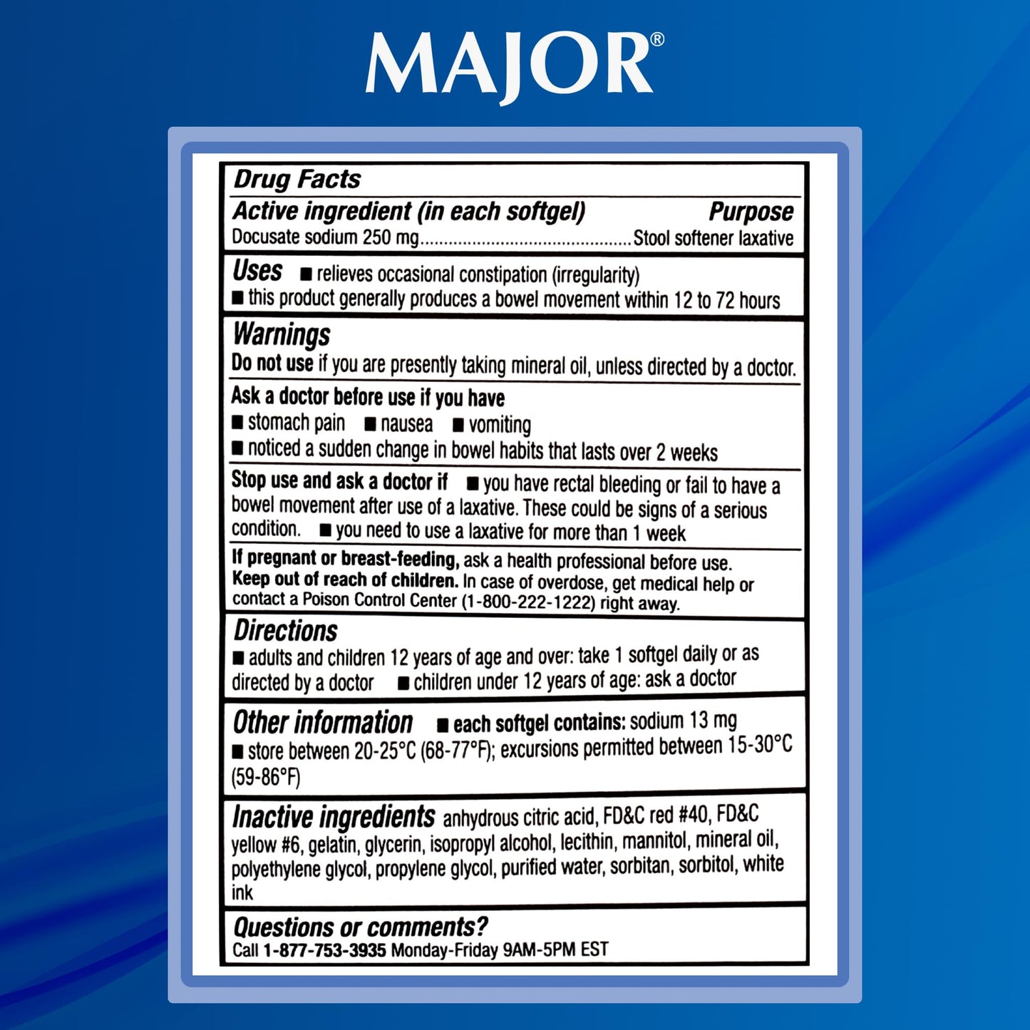 MAJOR Docusate Sodium 250 mg Extra Strength Stool Softener – Stimulant-Free Laxative, 100 Softgels