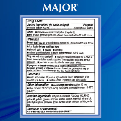 MAJOR Docusate Sodium 250 mg Extra Strength Stool Softener – Stimulant-Free Laxative, 100 Softgels