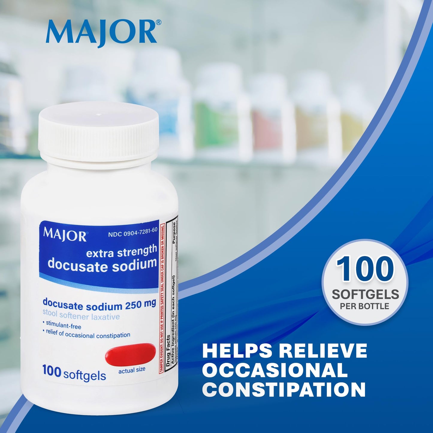 MAJOR Docusate Sodium 250 mg Extra Strength Stool Softener – Stimulant-Free Laxative, 100 Softgels