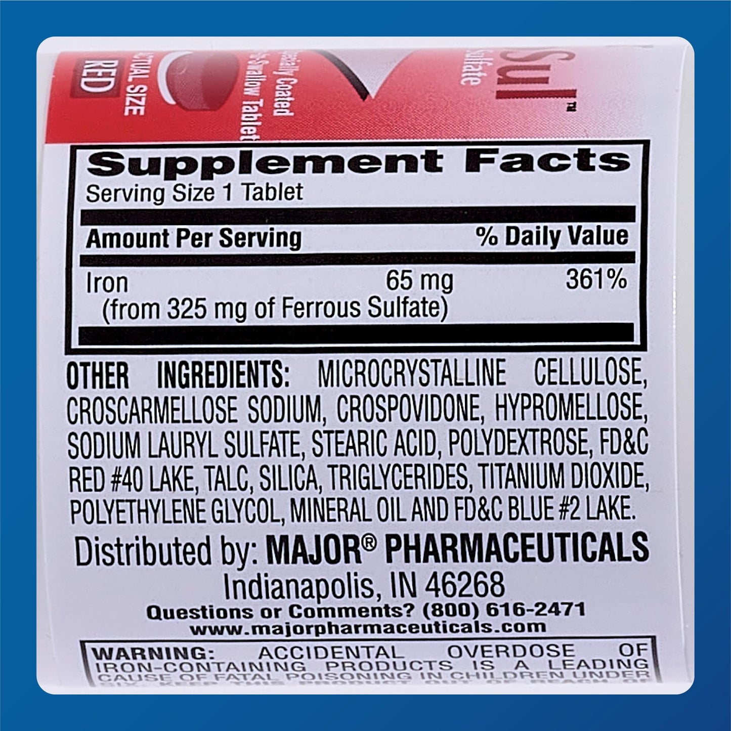 Major Ferosul Ferrous Sulfate 325mg Tablets with 65mg Elemental Iron – Iron Supplement for Women & Men – Red – 100 Count (6 Pack)