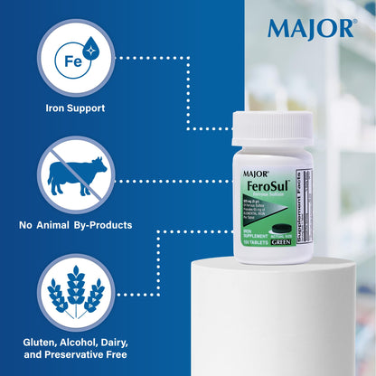 Major Ferosul Ferrous Sulfate 325mg - 65mg Elemental Iron | Iron Supplement for Women & Men - Green 100 Tablets (3 Pack)