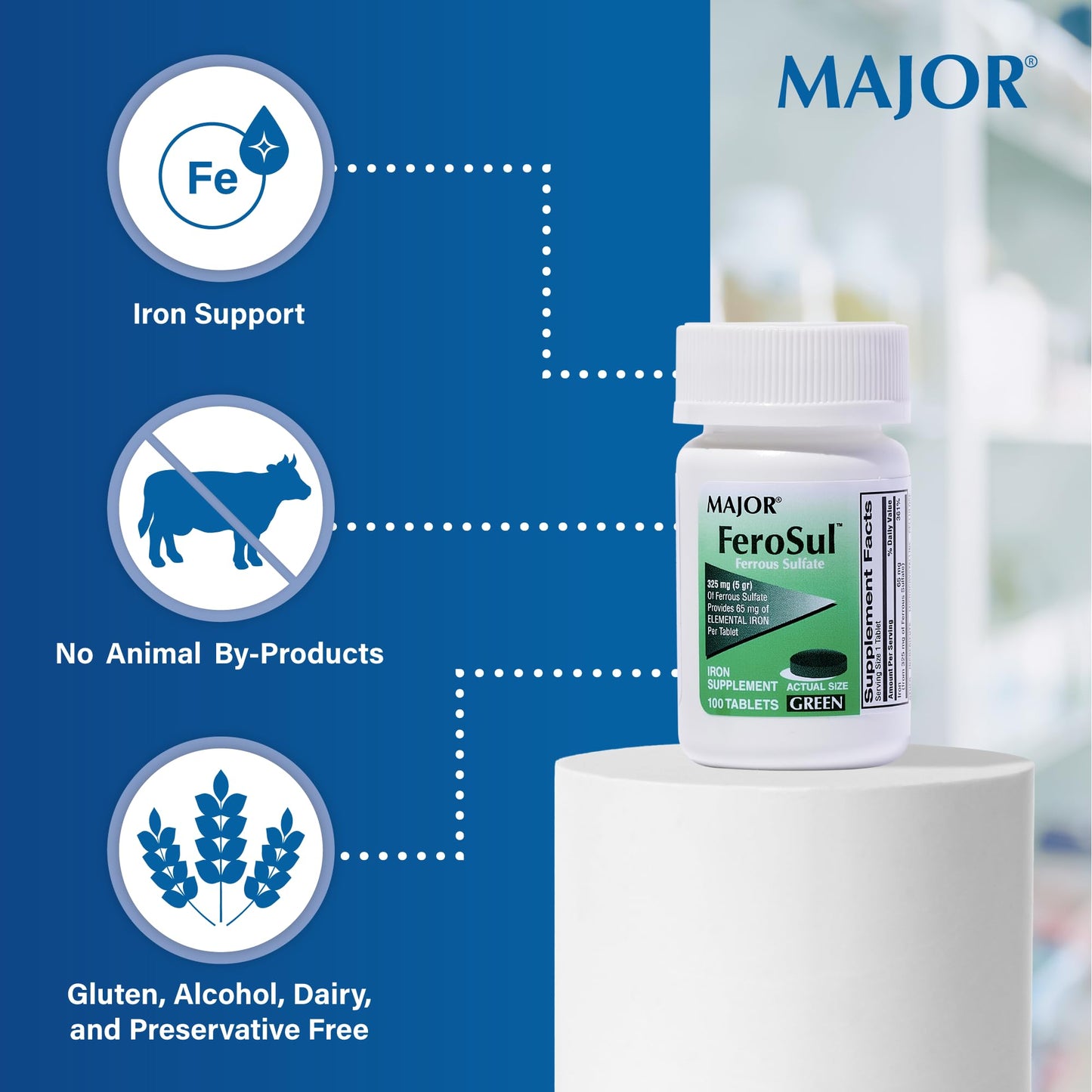 Major Ferosul Ferrous Sulfate 325mg | 65mg Elemental Iron | 100 Count (3 Pack)