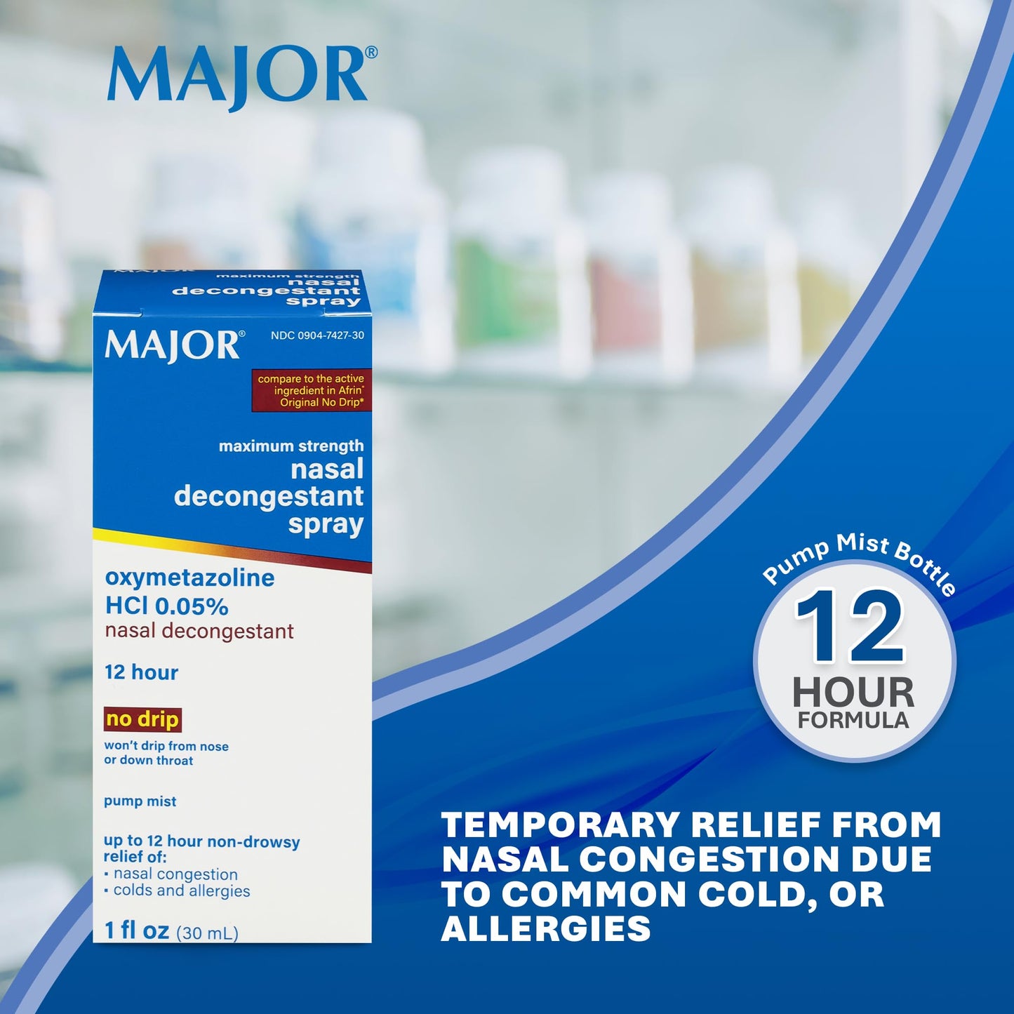 MAJOR Maximum Strength Nasal Decongestant Spray | Oxymetazoline HCl 0.05% Pump Mist, Non-Drowsy, Up to 12-Hour Relief (3-Pack)