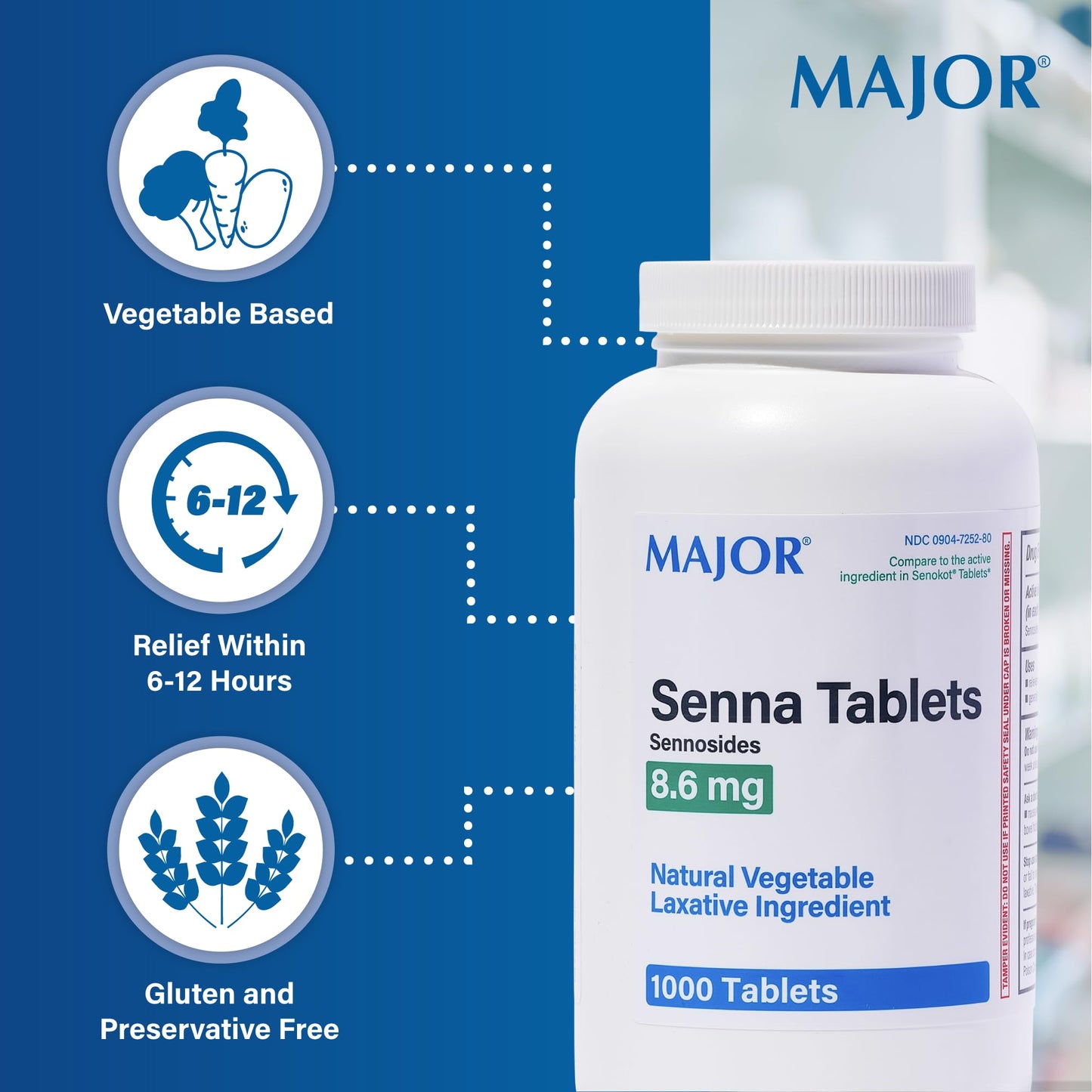 MAJOR Senna 8.6 mg Natural Vegetable Laxative Tablets - 1000-Count (1-Pack)