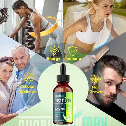 Marine Phytoplankton Drops 2000mg – High Absorption Phytoplankton with Wheatgrass & Fo-ti | Hair Growth, Immunity & Energy | Green Apple Flavor, 2 fl oz (Pack of 1)