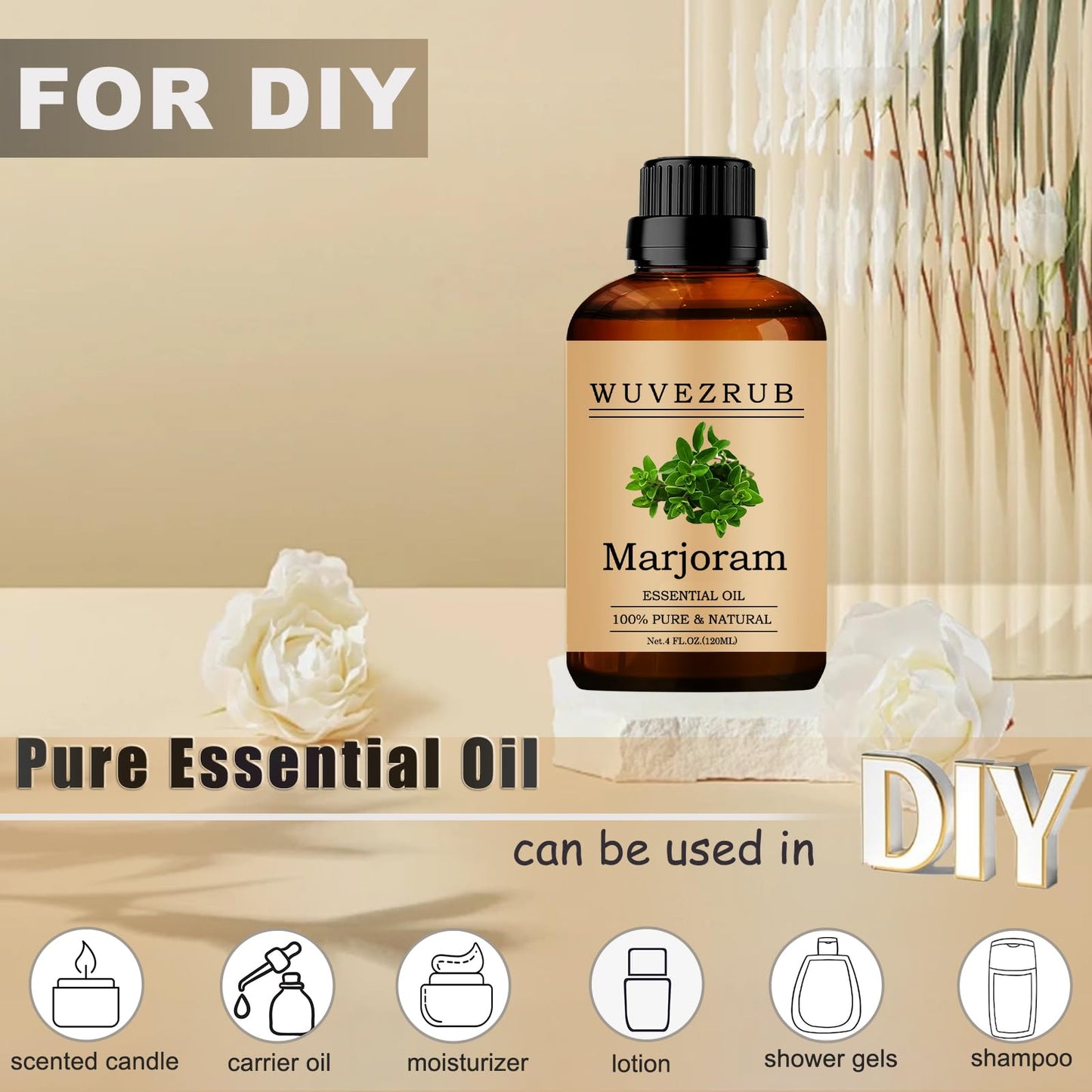 Marjoram Essential Oil 120ML | 4 Fl Oz – 100% Pure & Natural for Aromatherapy Diffusers | Wuvezrub