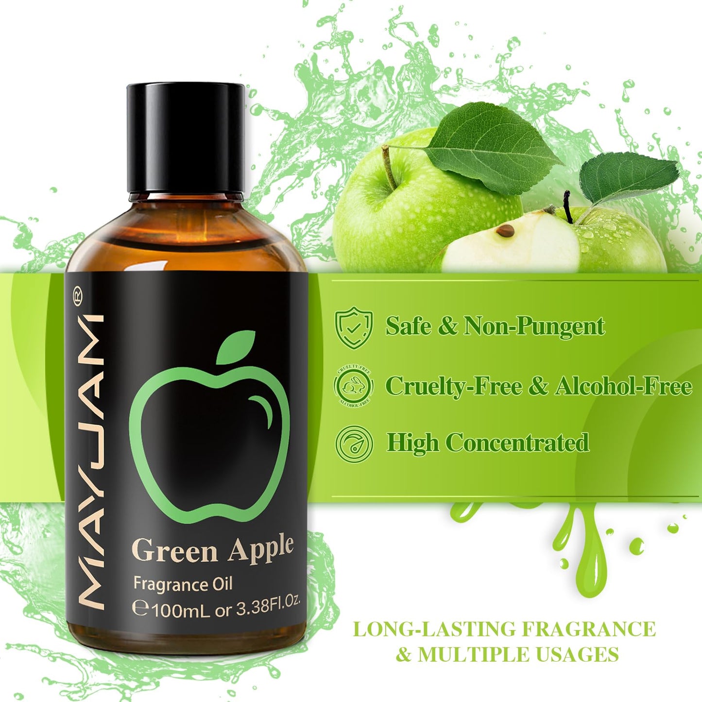 MAYJAM Green Apple Fragrance Oil – 3.38 fl oz (100 mL) with Glass Dropper for Diffusers, Soap & Candle Making