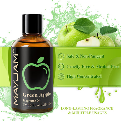 MAYJAM Green Apple Fragrance Oil – 3.38 fl oz (100 mL) with Glass Dropper for Diffusers, Soap & Candle Making