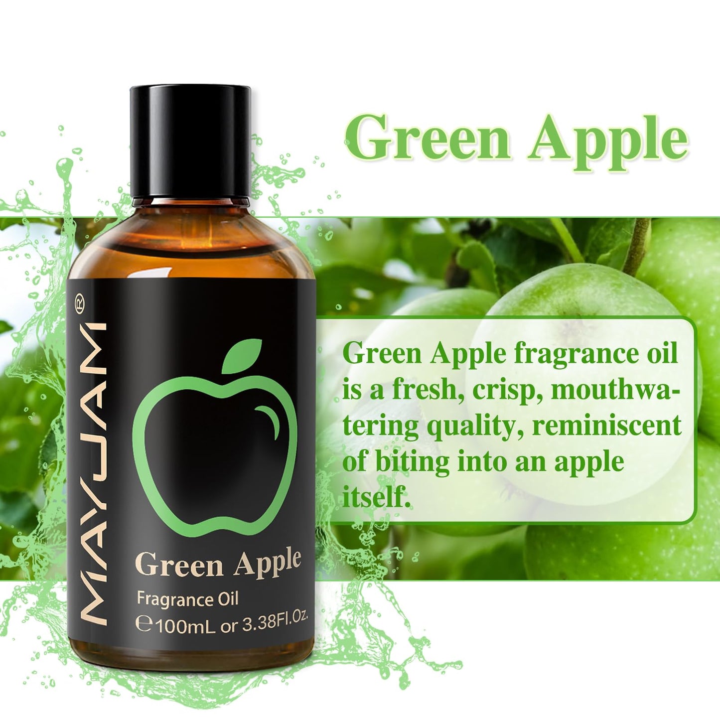 MAYJAM Green Apple Fragrance Oil – 3.38 fl oz (100 mL) with Glass Dropper for Diffusers, Soap & Candle Making