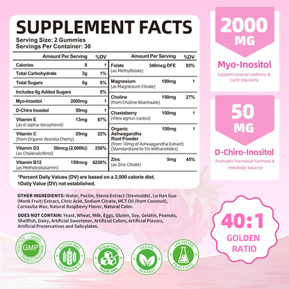 Mchokuu Myo-Inositol & D-Chiro Inositol Gummies – 40:1 Ratio, 2000mg/50mg, Vitamin D3, B12, Raspberry, Sugar Free, 60 Count