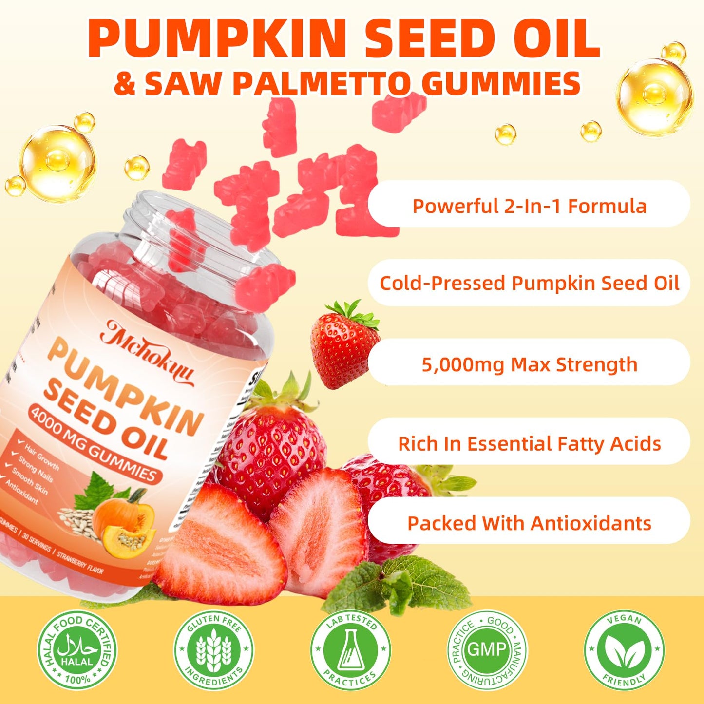 Mchokuu Pumpkin Seed Oil Gummies 4000mg + Saw Palmetto – Hair & Skin