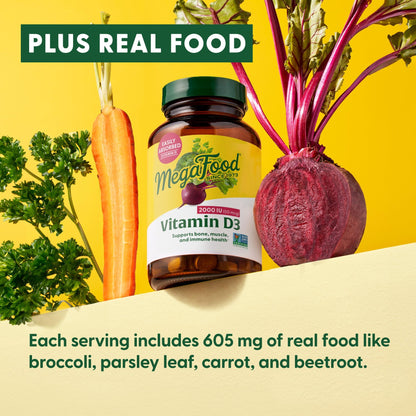 MegaFood Vitamin D3 2000 IU (50 mcg) – Real Food D3, Immune Support, Bones & Muscles, Vegetarian, Kosher, Non-GMO | 60 Tablets