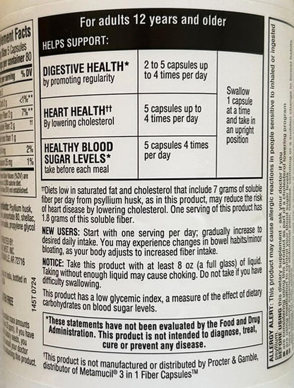 Member's Mark Fiber Capsules 2Pack (400 Count) – Psyllium Husk, Doctor-Recommended Fiber Supplement