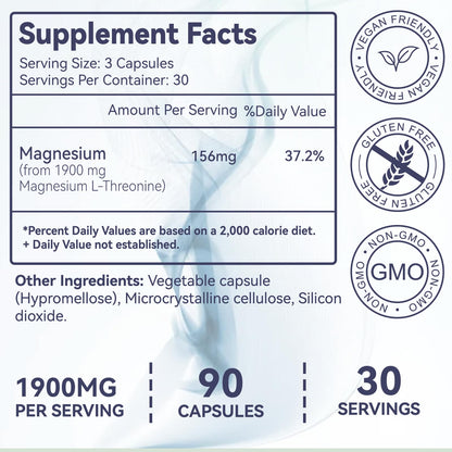 Magnesium L-Threonine, High Absorption Magnesium Supplement,1900mg Magnesium Threonine for Brain Health, Memory Support, Gluten Free, Non-GMO,90 Vegan Capsules