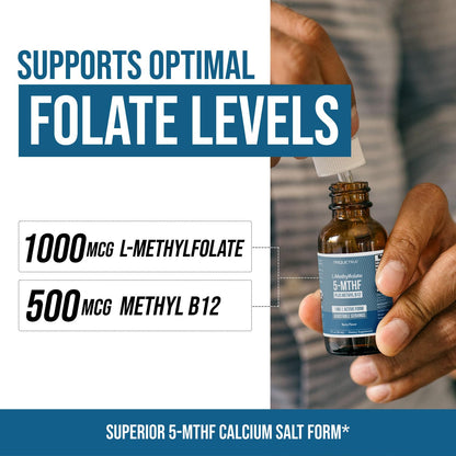 Organic Methyl Folate 1000 mcg + Methyl B12 Cofactor | Sublingual Berry Liquid (1oz) | 300 Servings | 5-MTHF