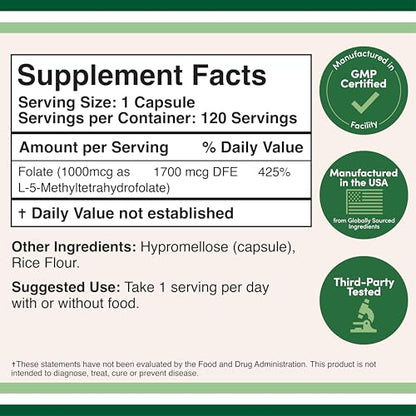 Methylfolate 1,000mcg, 120 Capsules – Pack of 2 | Double Wood – Third-Party Tested, Non-GMO, Vegan