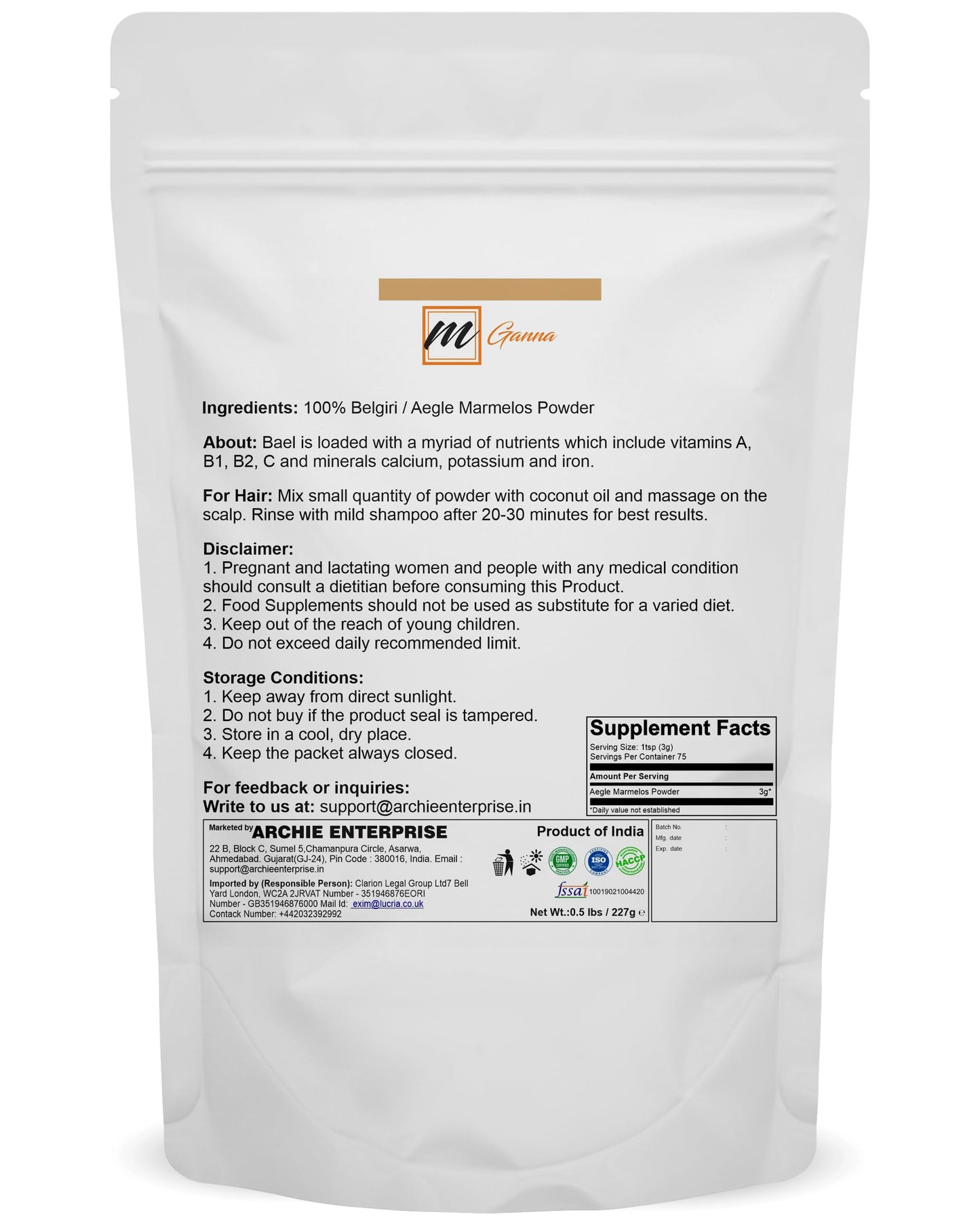 mGanna 100% Natural Belgiri | 227 GMS / 0.5 LBS | Aegle Marmelos | Bael powder | Wood Apple Powder for Health Care and Beauty
