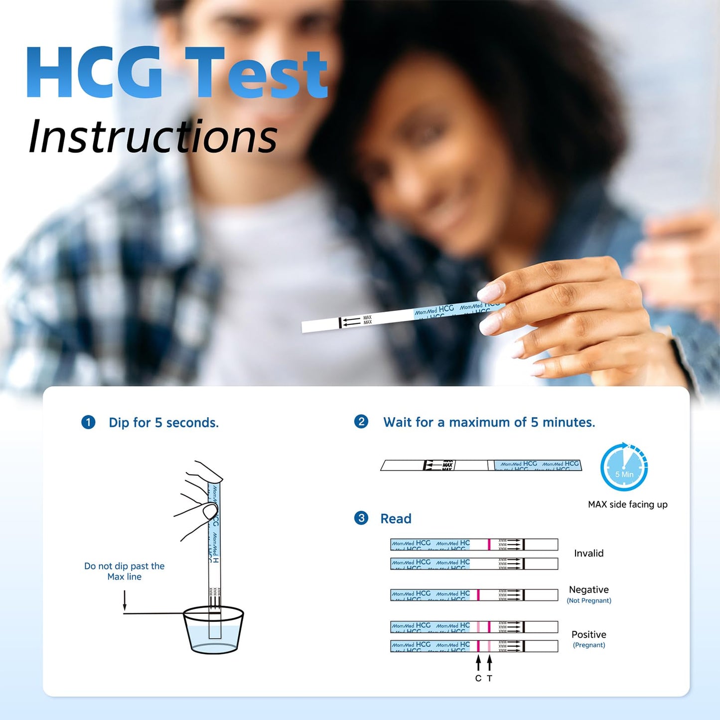 MomMed Pregnancy Test Strips – 55 HCG Tests, 99%+ Accurate, Free Urine Cups