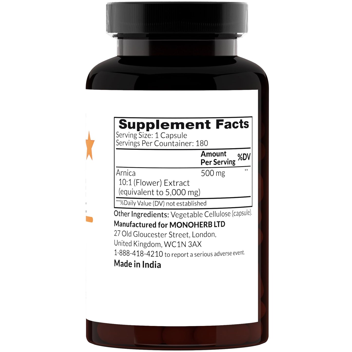 MONOHERB Arnica Extract 500 mg - 180 Capsules | Extra Strength 10X Arnica Supplement