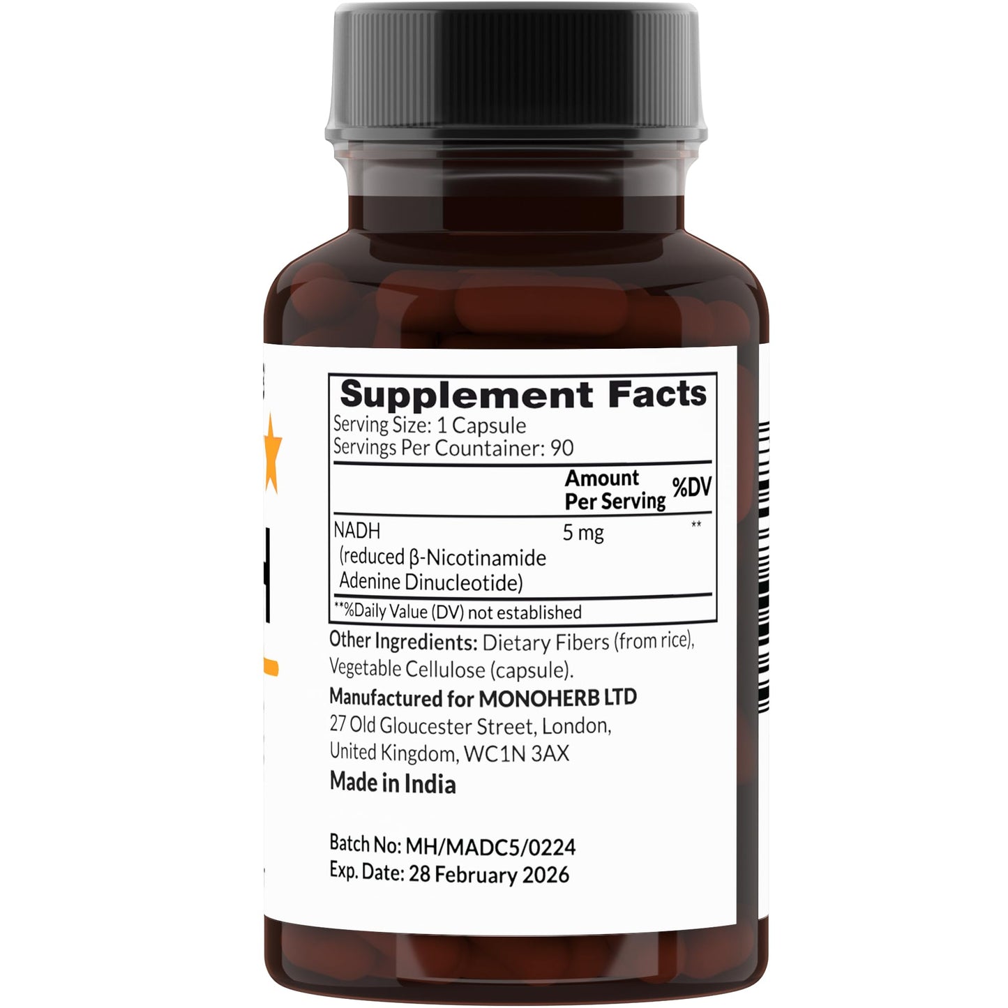 MONOHERB NADH 5 mg - 90 Vegetarian Capsules | Reduced NADH Supplement