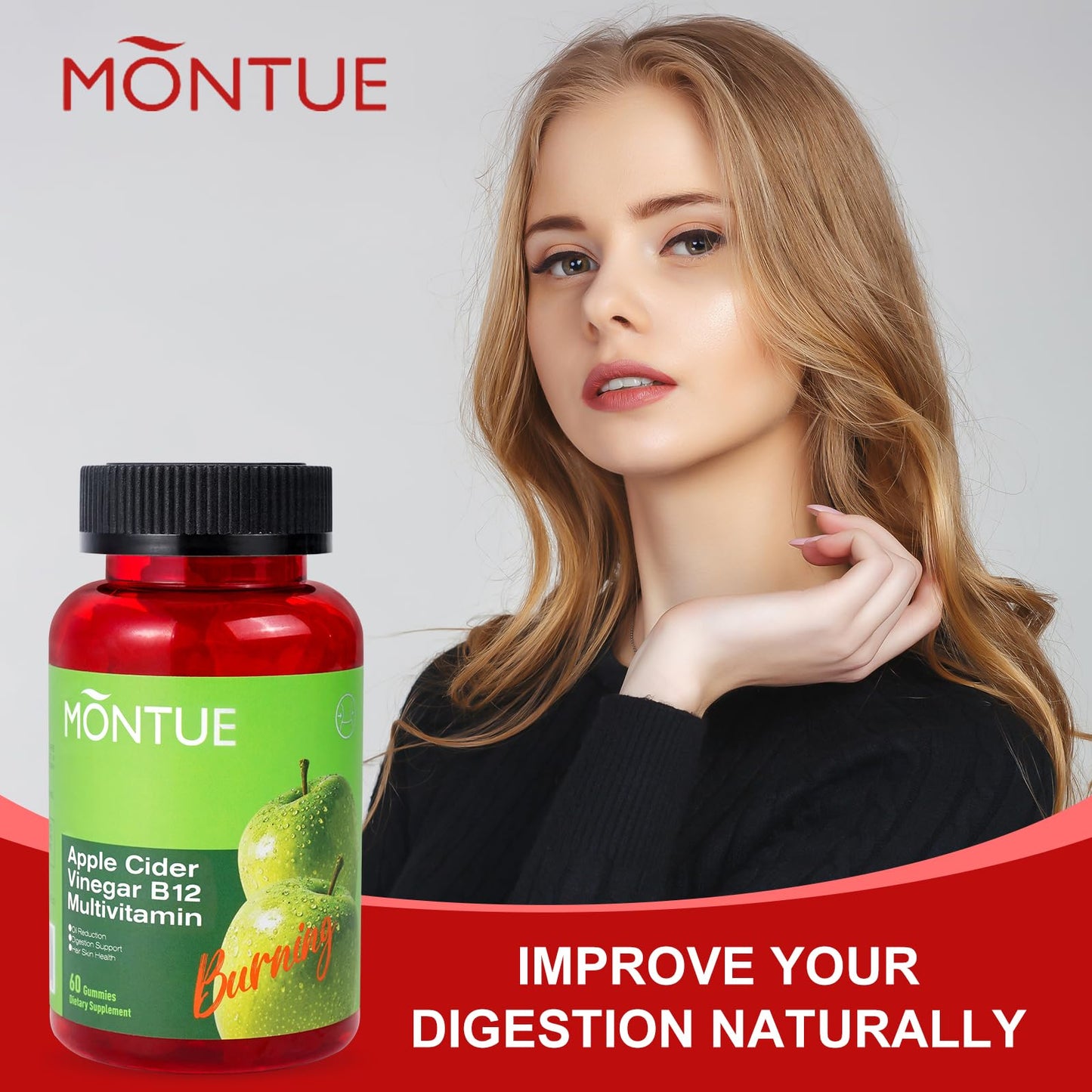 Montue Apple Cider Vinegar Gummies with B12 Multivitamin – ACV Supplement, Vegetarian, Non-GMO, 60 Gummies