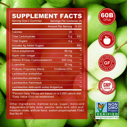 Montue Apple Cider Vinegar Gummies with B12 Multivitamin – ACV Supplement, Vegan, Non-GMO, 60 Gummies (30 servings) | Supports Energy & Gut Health