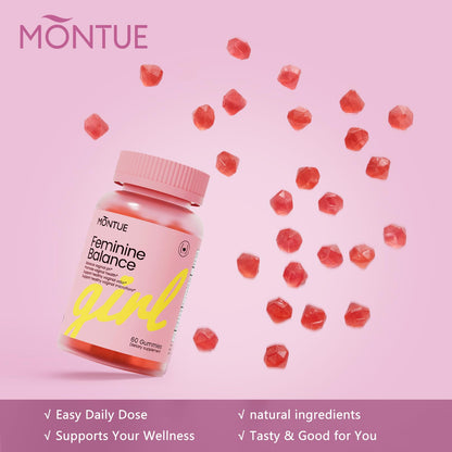 Montue Premium Diamond Feminine Balance Gummies - pH Balance with Prebiotics & Lactobacillus Probiotic Blend, Hawaiian Pineapple, Immune Support, Vegan & Non-GMO (60 Gummies)