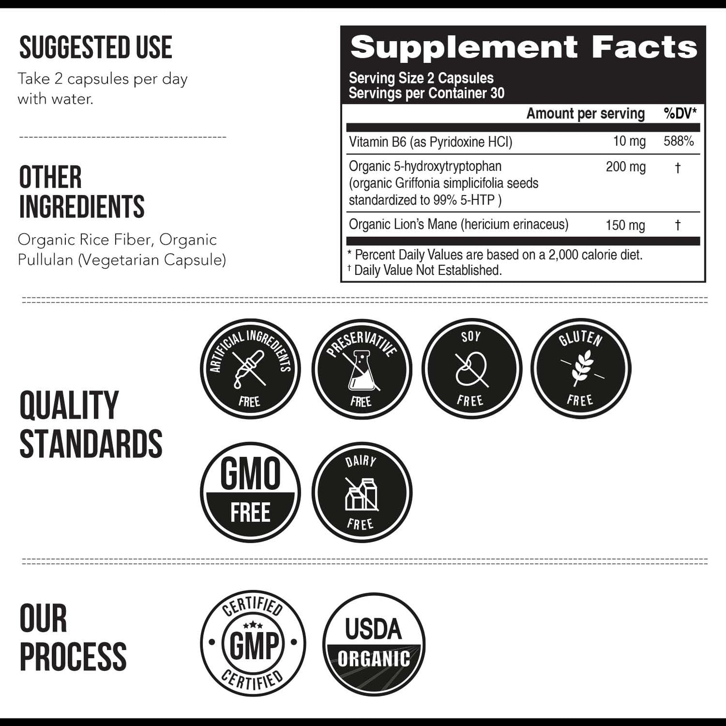 Organic 5-HTP 200mg, 99% Purity, B6 & Lion's Mane – 60 Capsules