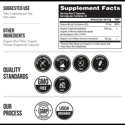 Organic 5-HTP 200mg, 99% Purity, B6 & Lion's Mane – 60 Capsules