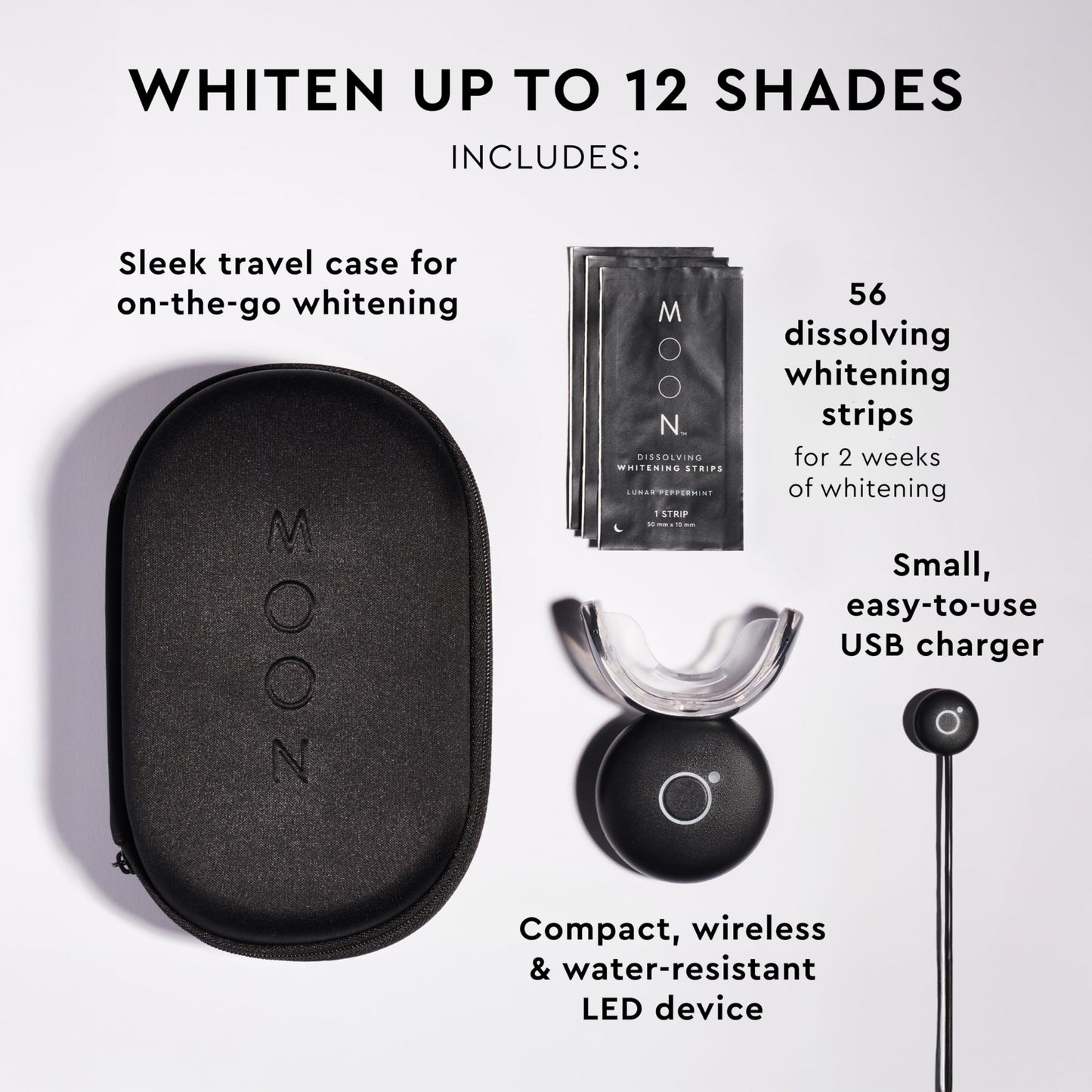 MOON Teeth Whitening Kit - LED Light Device, 56 Strips, 12 Shades in 2 Weeks