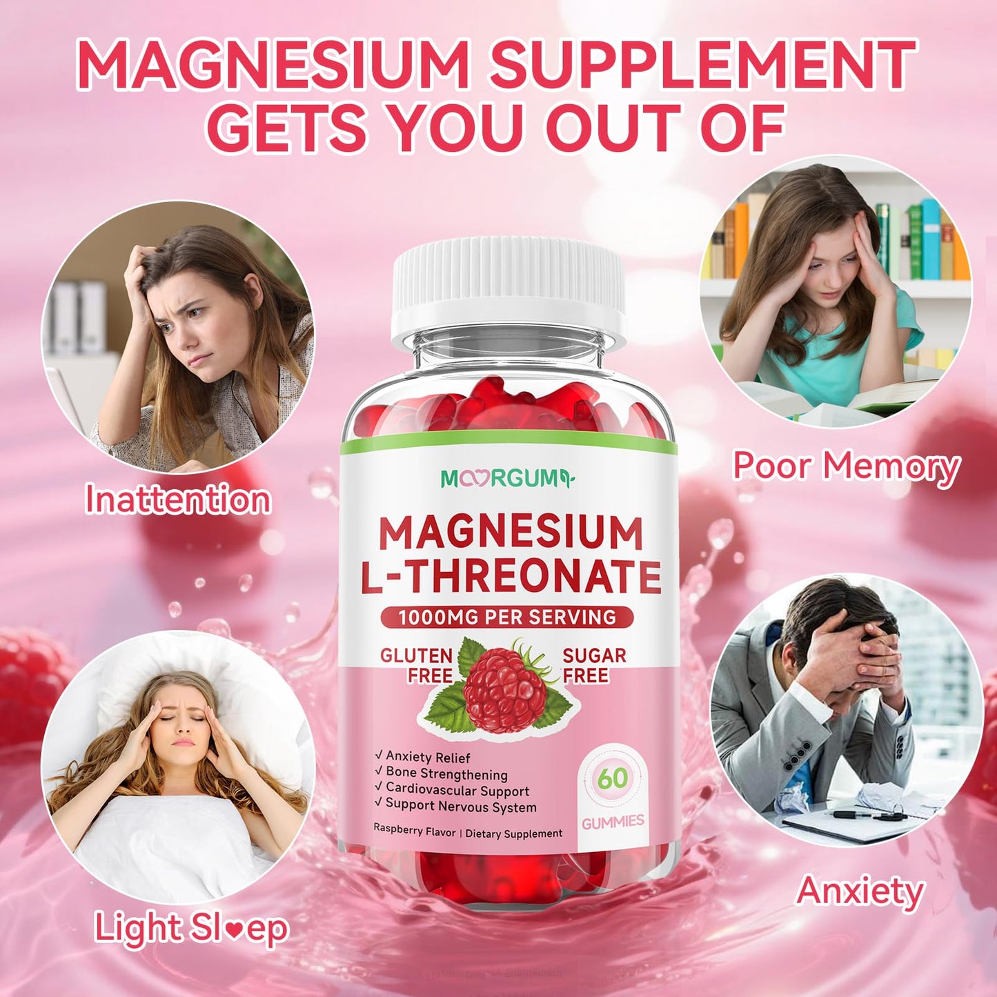 MOORGUMY Magnesium L-threonate, Memory Wellness, Cognitive Wellness and Zzz Support - High Absorption, 1,000mg Magnesium L-threonate Supplements, 120 Count Gummies
