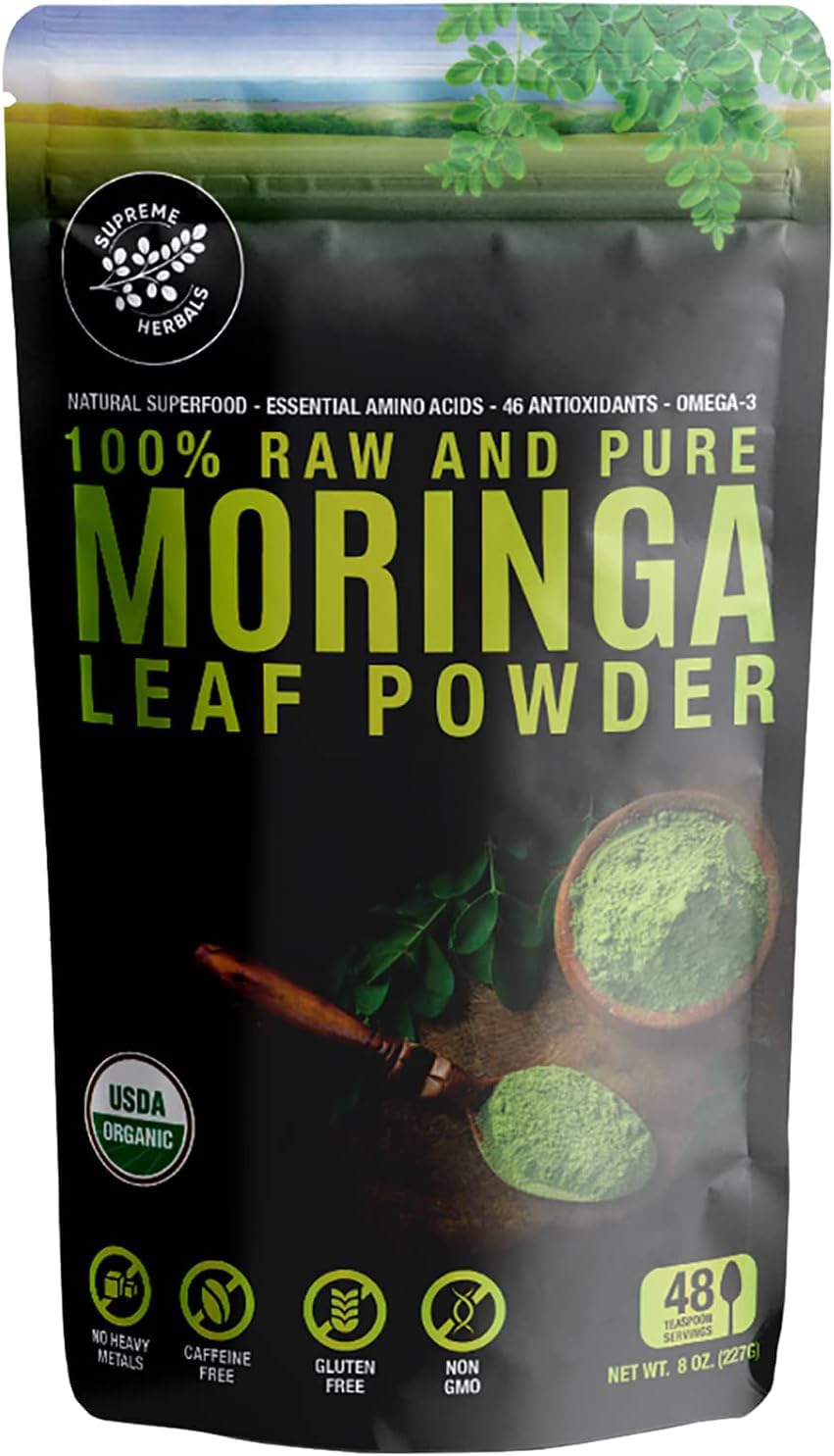 SUPREME HERBALS: 100% Raw Moringa Leaf Powder – Organic Certified, 8 oz Resealable Bag