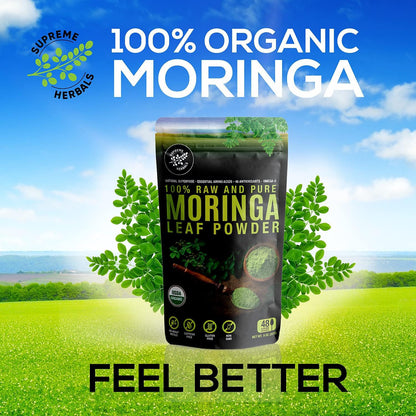 SUPREME HERBALS: 100% Raw Moringa Leaf Powder – Organic Certified, 8 oz Resealable Bag