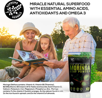 SUPREME HERBALS: 100% Raw Moringa Leaf Powder – Organic Certified, 8 oz Resealable Bag
