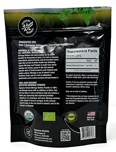 SUPREME HERBALS: 100% Raw Moringa Leaf Powder – Organic Certified, 8 oz Resealable Bag
