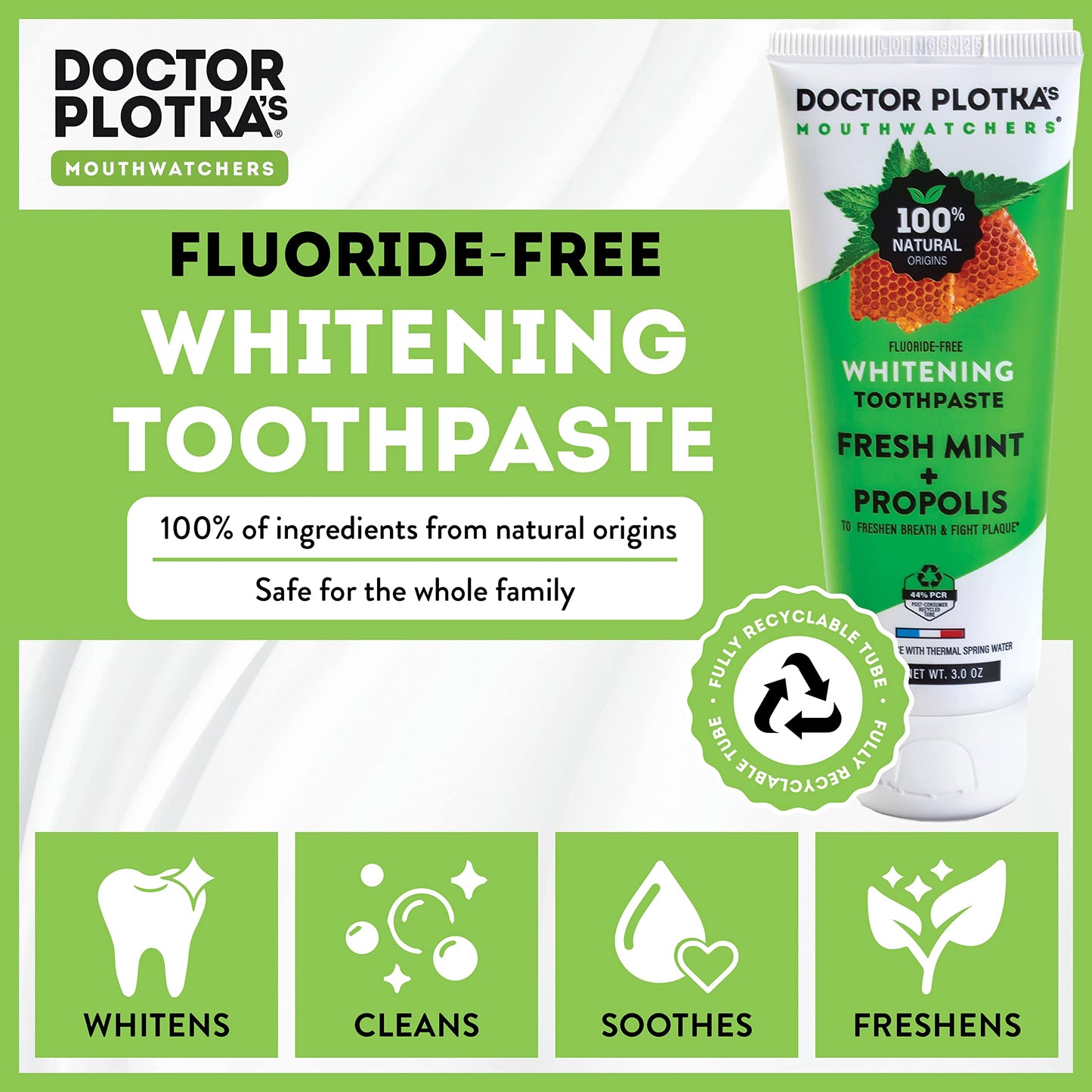 MOUTHWATCHERS Whitening Fluoride Free Toothpaste – 4 Tubes (3 oz) for Sensitive Teeth & Gums | Dr. Plotka's