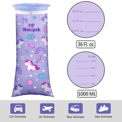 MP Mozzpak Unicorn Kids Vomit Bags (35-Pack) - Leak-Proof Emesis Bags for Travel