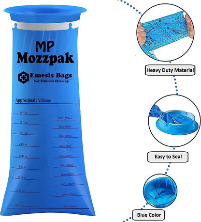 MP Mozzpak Vomit Bags 35-Pack – 1000ml Leak-Proof Emesis Bags for Travel (Blue)