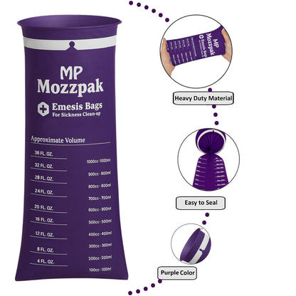 MP Mozzpak Vomit Bags Disposable 15 Pack – 1000ml Medical-Grade Emesis Bags, Leak-Proof Travel Puke Bags