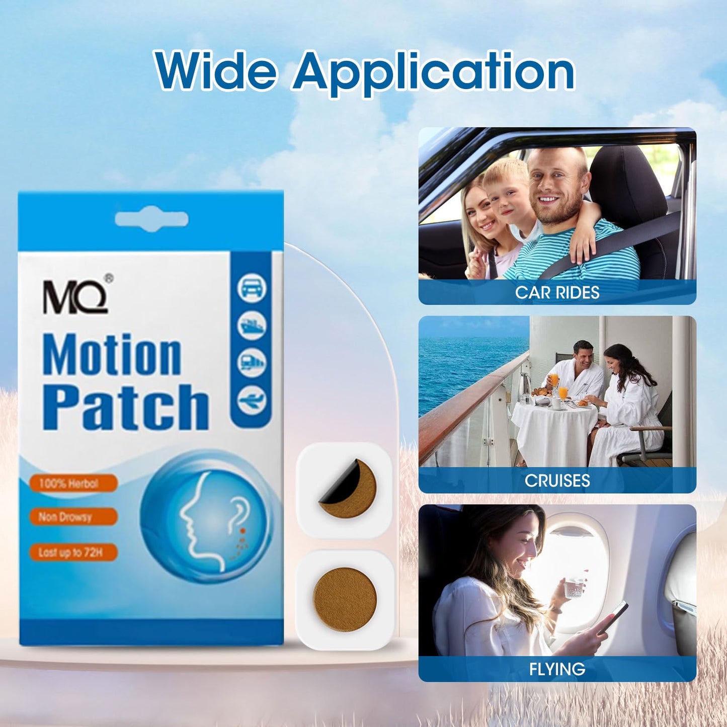 MQ Motion Sickness Patch – Non-Drowsy, 20 Count, Fast-Acting, 72H Travel Patches Behind Ear