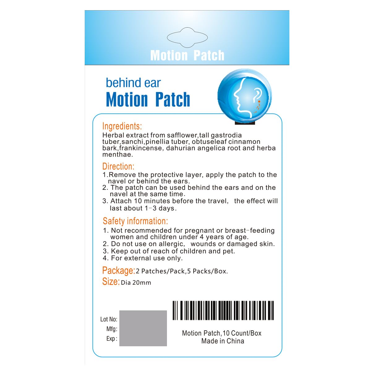 MQ Motion Sickness Patch – Non-Drowsy, 20 Count, Fast-Acting, 72H Travel Patches Behind Ear