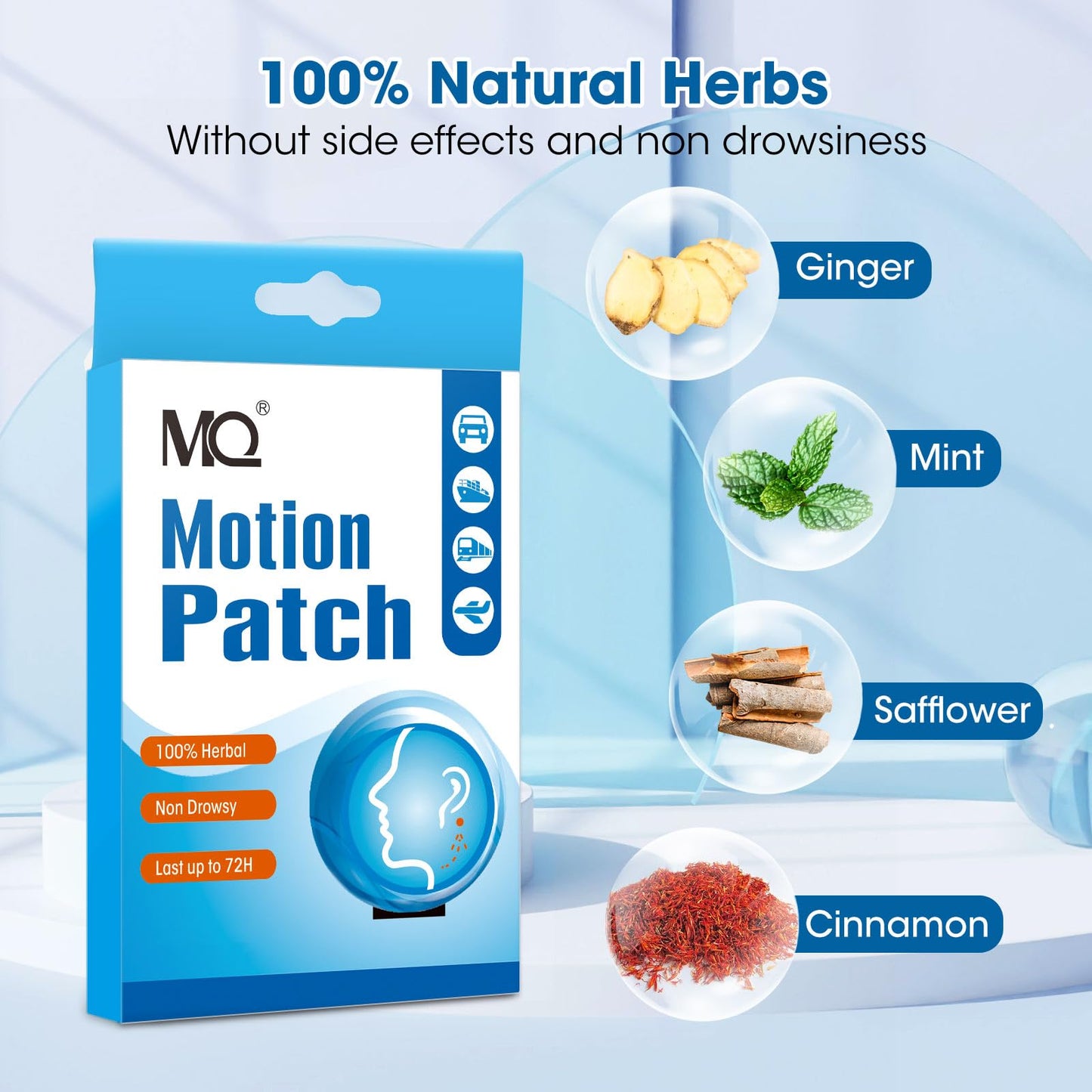MQ Motion Sickness Patch – Non-Drowsy, 20 Count, Fast-Acting, 72H Travel Patches Behind Ear