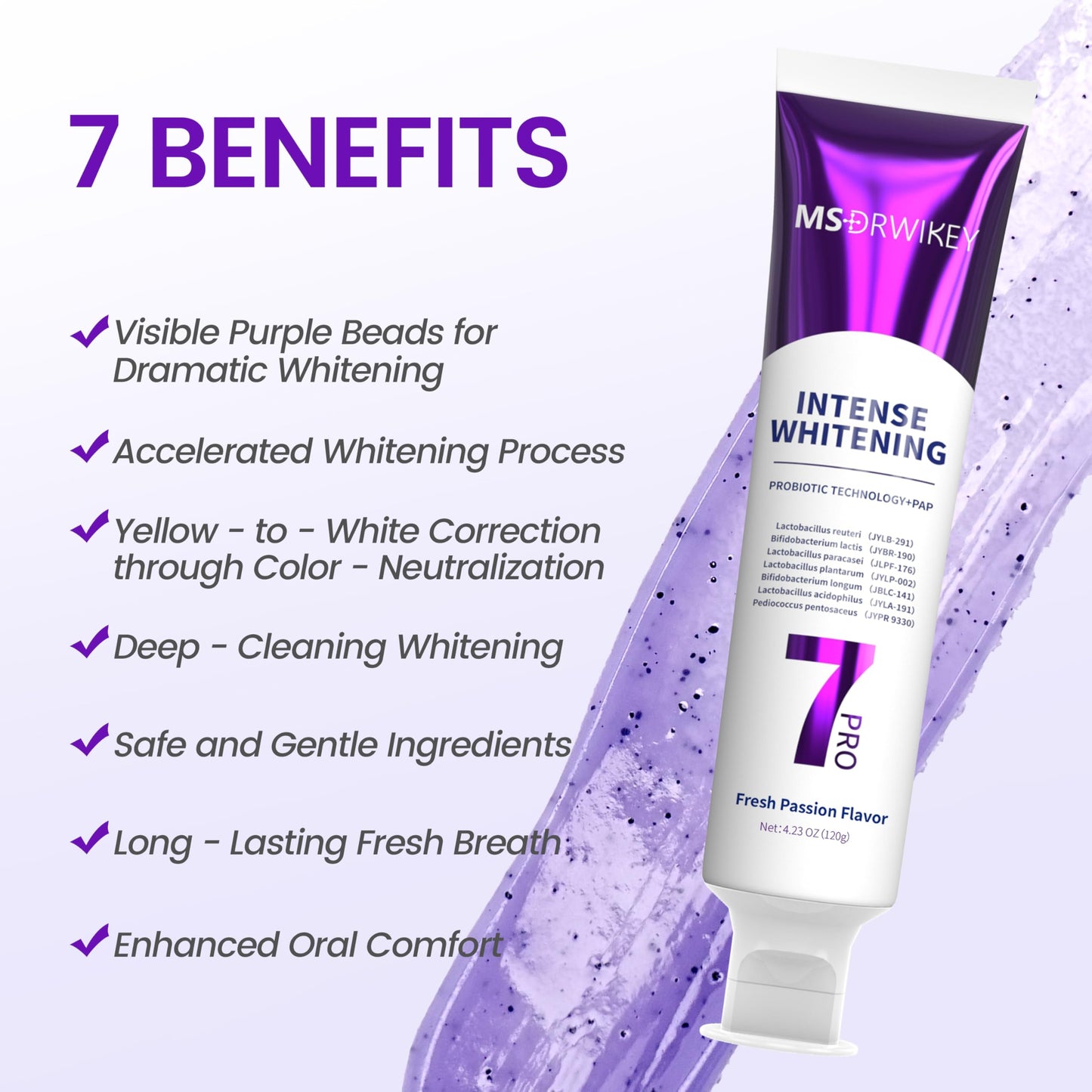 MSDRWIKEY 7Pro Deep Whitening Toothpaste with 7 Probiotics - Fluoride-Free, Enamel-Safe, 4.23 oz