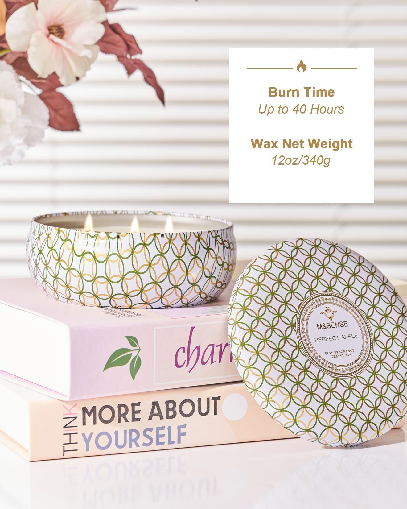 M&SENSE Apple Scented Candle – Large 3-Wick Soy Tin, 40+ Hr Burn, 100% Natural Vegan Wax | Gift for Women & Men